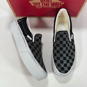 Vans Classic Slip-On Platform Metallic Checkerboard Black Sneakers Women 8.5
